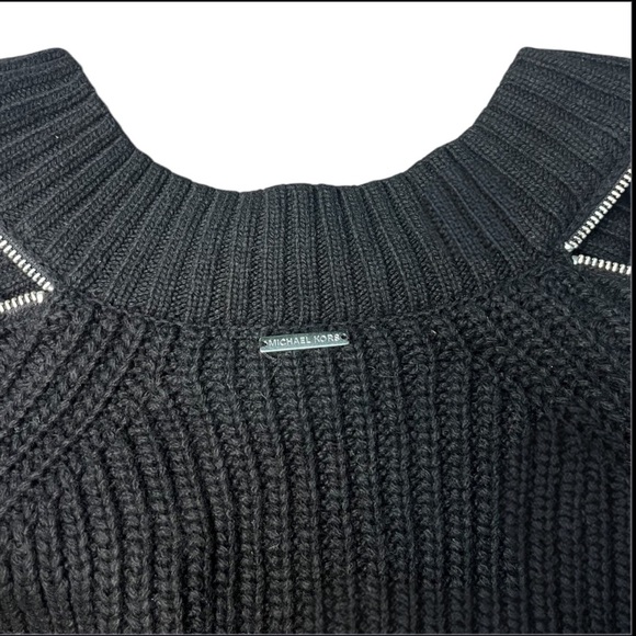 Michael Kors Black Chunky Knit Zip Cold Shoulder Sweater - Picture 7 of 8